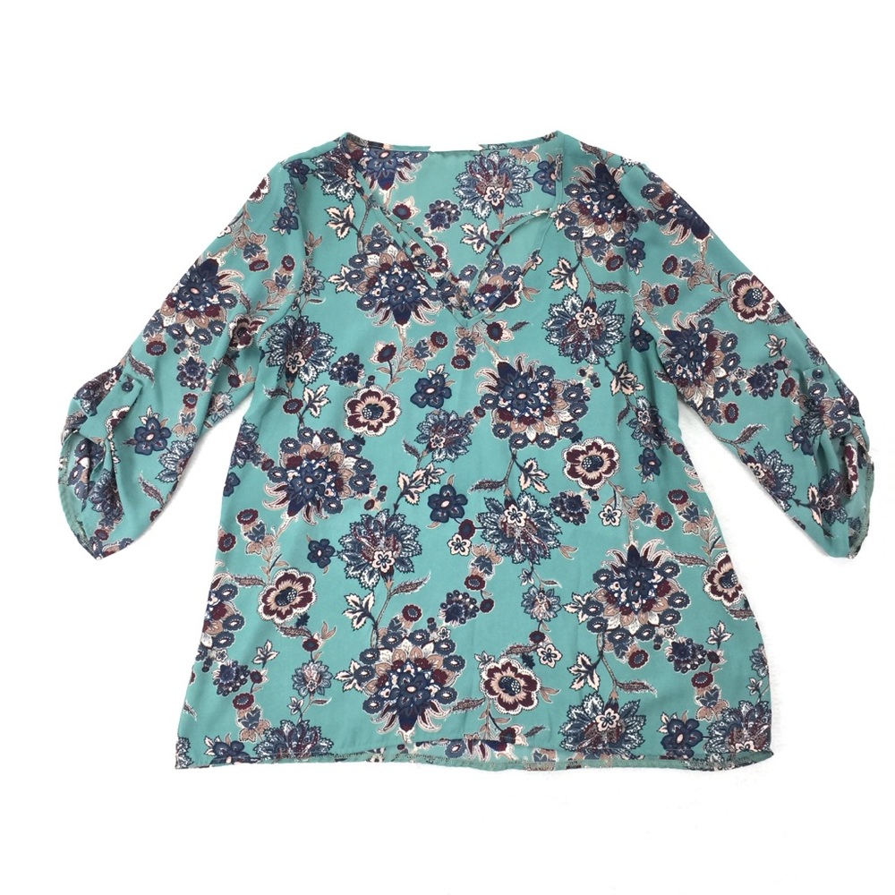 Pink Rose | Teal Boho Style Floral Peasant Top